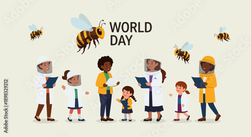 World Bee Day illustration shows diverse adults and children in beekeeper suits. Educational World Bee Day scene features flying honeybees, symbolizing apiculture, pollination.