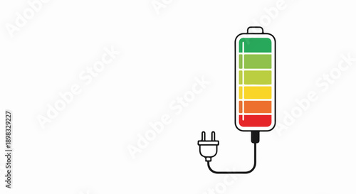 Battery charge indicator showing full power levels, connected to plug icon for energy supply. Battery charge display illustrates varying power capacity from empty to full.