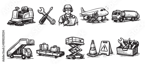 Hand drawn illustration of airport ground crew and equipment. Features airport worker, tools, airplane, sweeper, service truck, staircase, lift, luggage cart, cones, and toolbox.