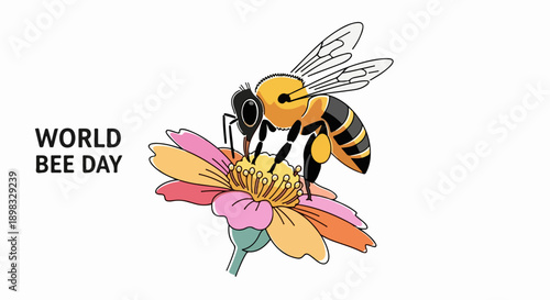 World Bee Day celebration with a bee pollinating colorful flower on white background. World Bee Day illustration highlights importance of bees for ecosystem, environment.