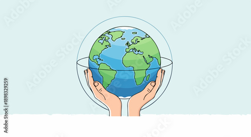 Human hands cradling Earth for Earth care, simple graphical illustration depicting planet within clear sphere, symbolizing environmental safety. Concept Earth care for sustainability projects,