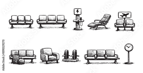 Hand-drawn sketch of airport waiting area furniture including benches, chairs, clock, and phone charging station. Suitable for travel, design, and conceptual projects.