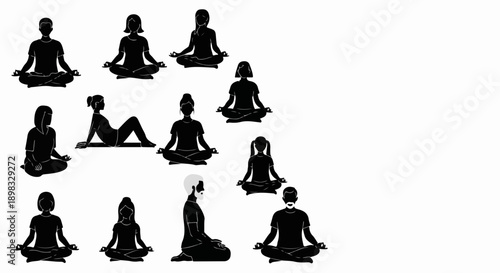Silhouettes of yoga meditation figures in diverse seated positions, fostering tranquility. Collection of yoga meditation poses promotes focus, balance, and wellness.