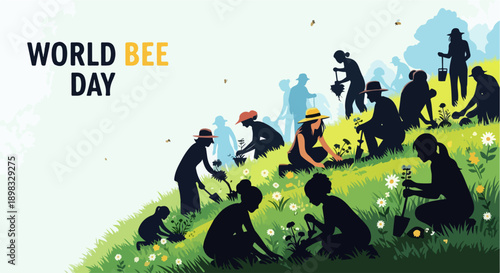 World Bee Day celebration with silhouetted people actively planting flowers on lush green hillside. Diverse group engaged in environmental conservation,