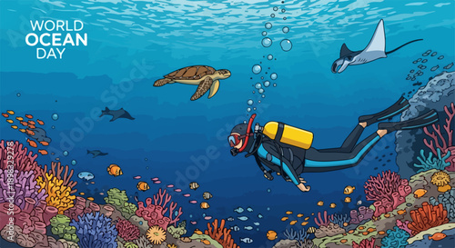 Colorful underwater scene with scuba diver exploring vibrant coral reef, celebrating World Ocean Day. Marine life including graceful sea turtle and majestic manta ray swim among tropical fish,