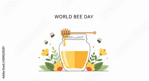 Cartoon illustration for World Bee Day, featuring honey jar with dipper, flying bees, and blooming flowers on white background.
