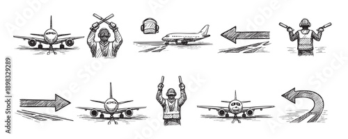 Hand-drawn sketches depicting airport scenes: airplanes, ground crew signaling, runway markings, and directional arrows. Ideal for aviation, travel, or airport themes.