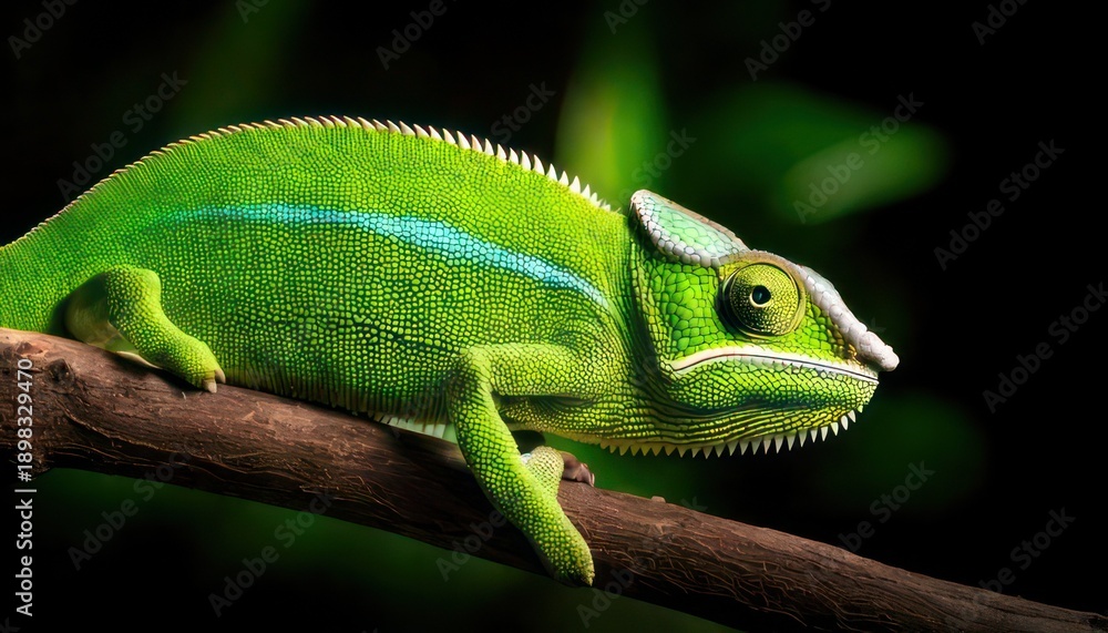 Fototapeta premium Vibrant green chameleon perched on a branch detailed nature photography