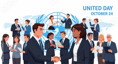 United Day illustration shows diverse business people shaking hands and discussing global issues, professionals represent international cooperation and unity on United Day.