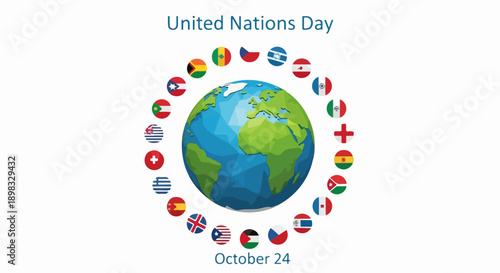 United Nations Day graphic features world globe encircled by numerous national flags, symbolizing global unity. United Nations Day, observed October 24, promotes international cooperation, peace.