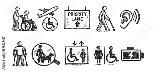 Collection of sketch-style pictograms for accessibilities and disabilities. Includes wheelchair, blind, and hearing impairment. Great for awareness campaigns, signage, and website design.