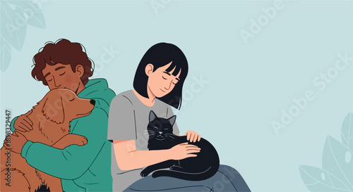 Human pet bond, person hugging dog, another stroking black cat. Artwork portrays human pet bond, showing affection, emotional connection. Concept human pet bond for animal welfare, companionship,
