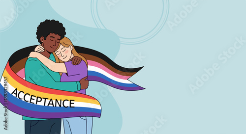 Diverse people embracing, wrapped in symbolic LGBTQ acceptance banner. Illustration features various pride flags, supportive embrace, representing community inclusion, unity, LGBTQ acceptance.