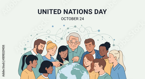 People gathered around globe, celebrating United Nations Day. Individuals diverse backgrounds symbolizing global unity, cooperation, and peace. United Nations Day concept for global initiatives.