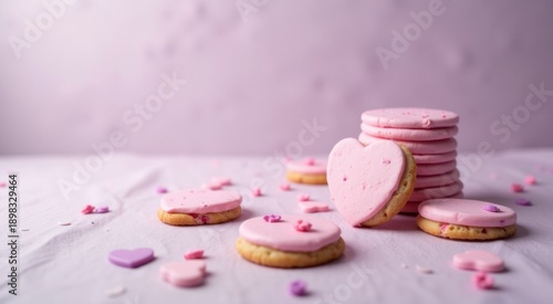 Pink cookies with pink icing and pink hearts on a table