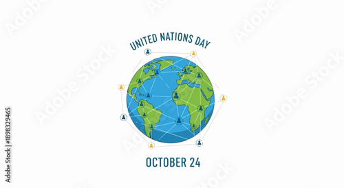 United Nations Day graphic shows stylized globe, emphasizing global connection and international cooperation. Continents with small markers symbolize worldwide peace efforts for United Nations Day.