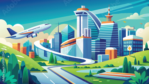 Futuristic cityscape with advanced transportation infrastructure and skyscrapers