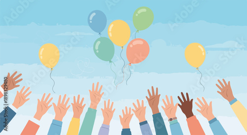 Diverse hands balloons float freely against clear blue sky, symbolizing aspiration. Many people raise multiethnic hands towards colorful pastel balloons, conveying hope. Concept for achievement,