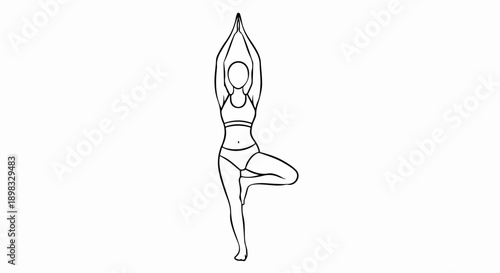 Line drawing of woman performing elegant yoga tree pose showcasing body balance and serene fitness exercise. Woman in yoga tree pose represents wellness lifestyle, strength, and inner peace.