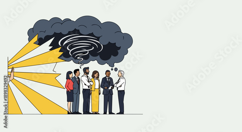 Group engaged in problem solving, standing under storm cloud. Problem solving leader projects light, shielding team from chaos. Concept problem solving for business challenges, strategic planning,