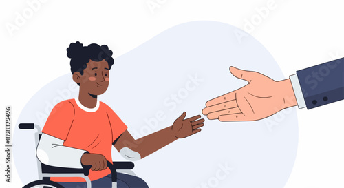 Young person in wheelchair reaches for helping hand. Child with arm injury receives gesture of adult care, symbolizing support, compassion, and inclusion. Concept of helping hand for social programs,