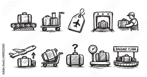 Whimsical hand-drawn icons depicting travel related items: luggage, airplane, baggage claim, airport security. Use for travel, vacation, design, and infographic projects.