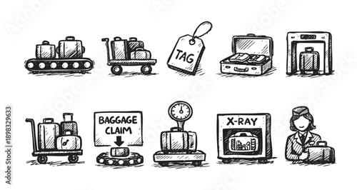 Hand-drawn illustration depicting airport travel icons: baggage conveyor, luggage tag, xray scanner, baggage claim and airport staff. Use for travel apps, blogs or infographic.