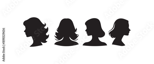 Silhouettes of four women's hairstyles showing different styles and eras for beauty fashion concept