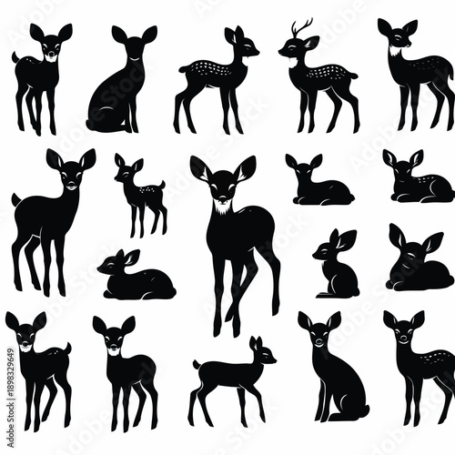 A collection of black silhouettes depicting various poses of deer and fawns