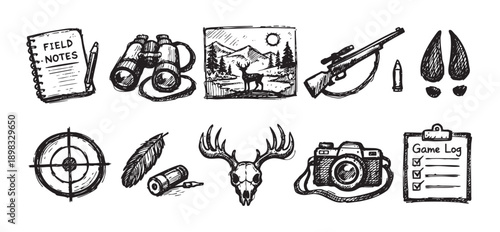 Hand-drawn hunting and outdoor adventure icons set. Includes rifle, antlers, footprints, binoculars, camera and more. Ideal for hunting themed designs.