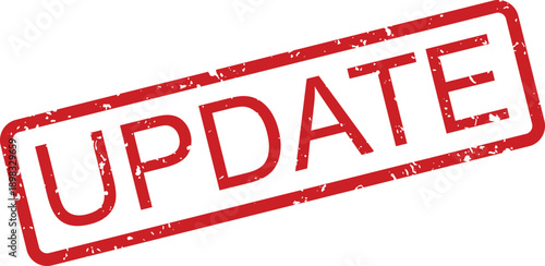 A red textured rubber stamp with the word UPDATE diagonally placed on a clean white surface
