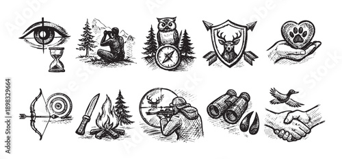Black and white sketch illustration featuring hunting, wildlife observation, and conservation themes. Ideal for logos, blog headers, editorial illustrations, and graphic design projects.