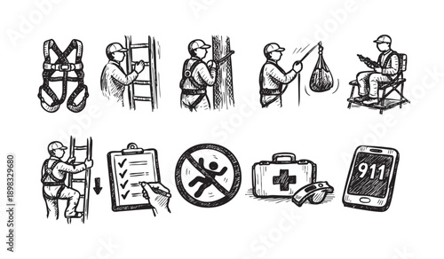 Hand drawn vector illustration showing safety at work, occupational safety, and fall prevention. Ideal for training, education, and safety programs.