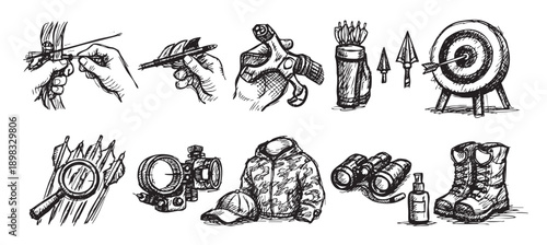 Hand-drawn illustration of hunting and archery equipment, including a bow, arrows, target, binoculars, and clothing. Perfect for blogs, articles, or designs related to hunting.
