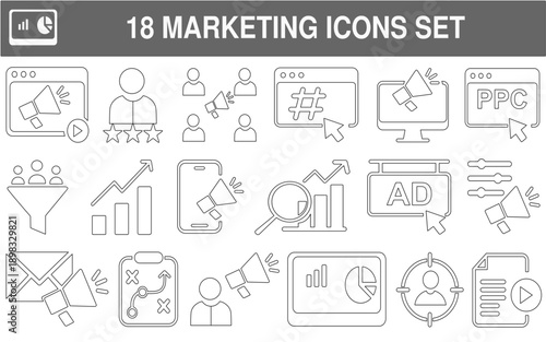 set of icons, business management icons set, business icons set, Marketing icon set.  Customer Targeting, advertising, Analytics,  , Collection of business strate, Influenc,  Campaign