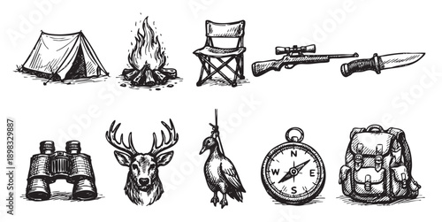 Hand-drawn sketches of hunting, camping and outdoors items. Perfect for use in blog posts, print design, or web design related to outdoor activities and adventure.