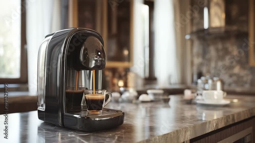 The sleek coffee machine sits on a marble countertop. A cup fills with coffee from the coffee machine in a warm, inviting kitchen setting.