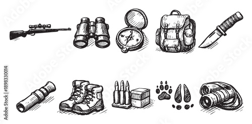 Hand drawn style illustration featuring hunting and hiking equipment. Includes a rifle, binoculars, backpack, compass, knife, boots, and ammunition. Useful for adventure or nature themes.