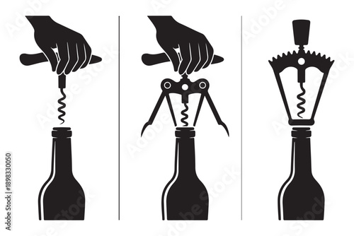 Instructions for opening wine bottle with corkscrew, step-by-step process, clear guidance