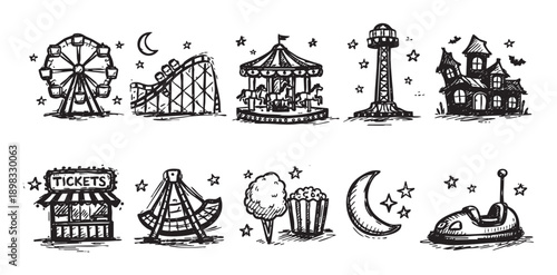 Hand-drawn illustration of amusement park rides, food, and spooky house. Perfect for flyers, posters, postcards, halloween, or decoration. Black on white with a spooky, playful vibe.