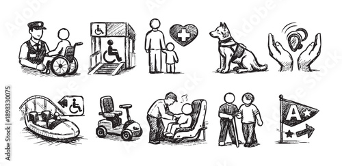 Hand-drawn style icons representing various types of assistance and accessibility, including wheelchair access, service dogs, autism assistance, and hearing assistance.