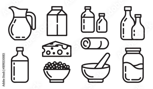 Dairy products assortment pitcher carton bottles cheese jar mortar and pestle