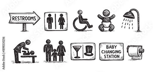 Collection of hand drawn public facility icons. Includes restrooms, handicap, baby changing, shower, bar, and family symbols. Use for websites, signage, or illustration.