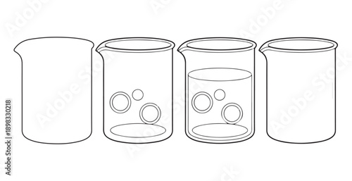 Four glass beakers in a row showing a scientific experiment with objects and liquid