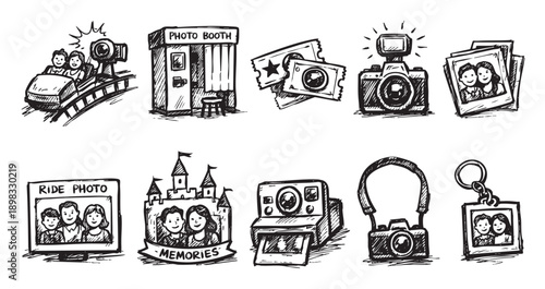Set of sketch-style icons depicting amusement park photography, including ride photos, cameras, and related items. Suitable for themes of memories, vacations, and fun.