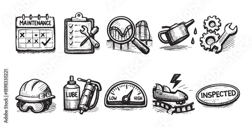 Hand-drawn style illustrations of roller coaster safety checks and park maintenance. Ideal for park safety infographics or articles about amusement park safety regulations.
