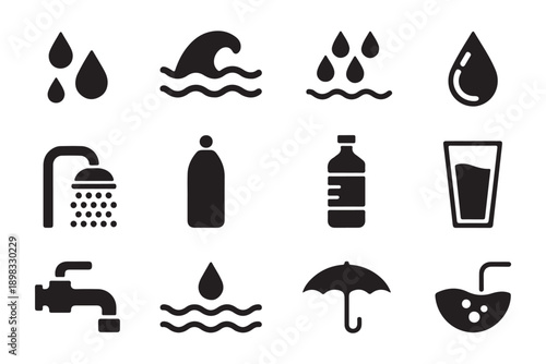 Twelve black water related icons including raindrops, waves, bottles, shower, and faucet