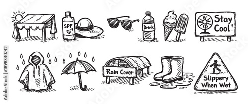 Sketch icons illustrating summer and rainy season weather elements, like sunglasses, sunscreen, ice cream, umbrella, raincoat, and boots. Vector illustration. Use for weather forecast, safety tips.
