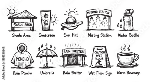 Hand-drawn illustration of weather protection and safety icons: sun, rain, cold, and heat related. Ideal for weather reports, safety guides, and travel brochures.