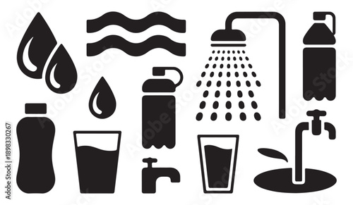 Diverse collection of black water icons including drops, waves, bottles, shower, and faucet